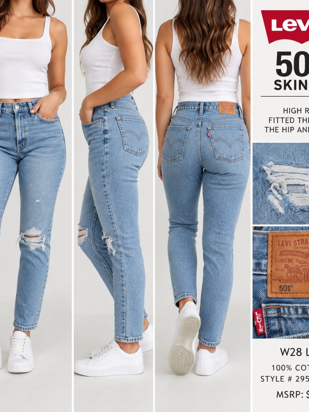 Levi’s 501 Skinny Women’s Jeans W28 L28 High Rise Distressed NWT
